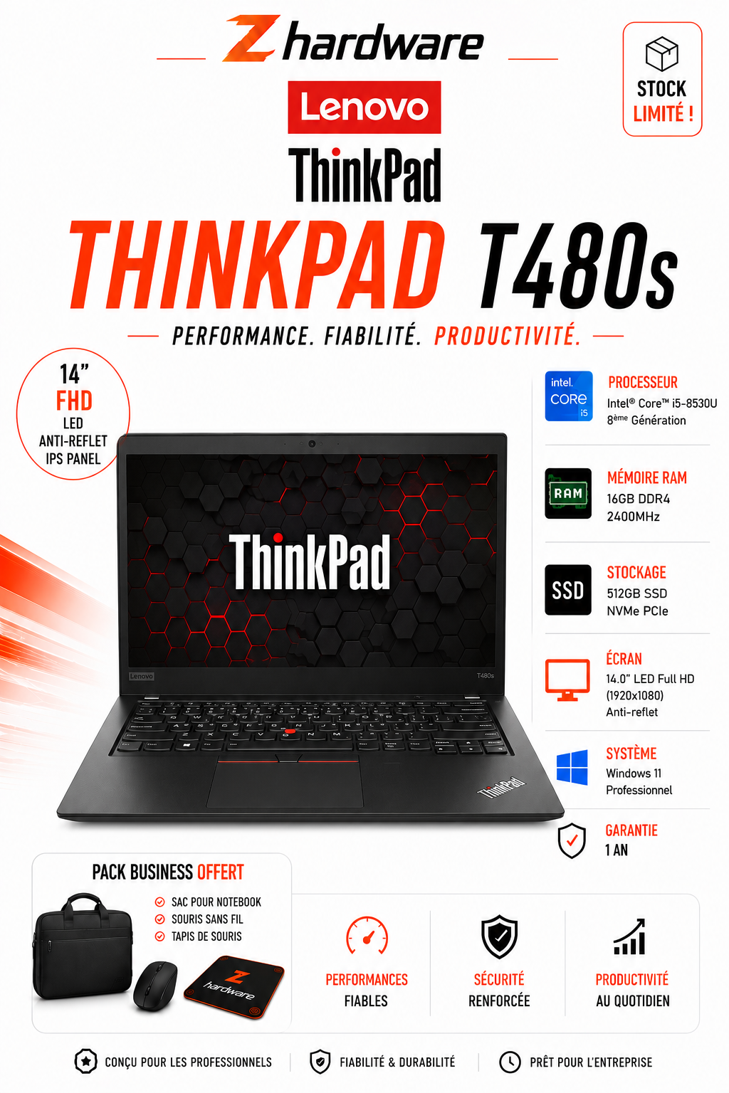 Lenovo ThinkPad T480s Intel Core i5-8530U/16 Go/512 SSD/14"LED Full HD