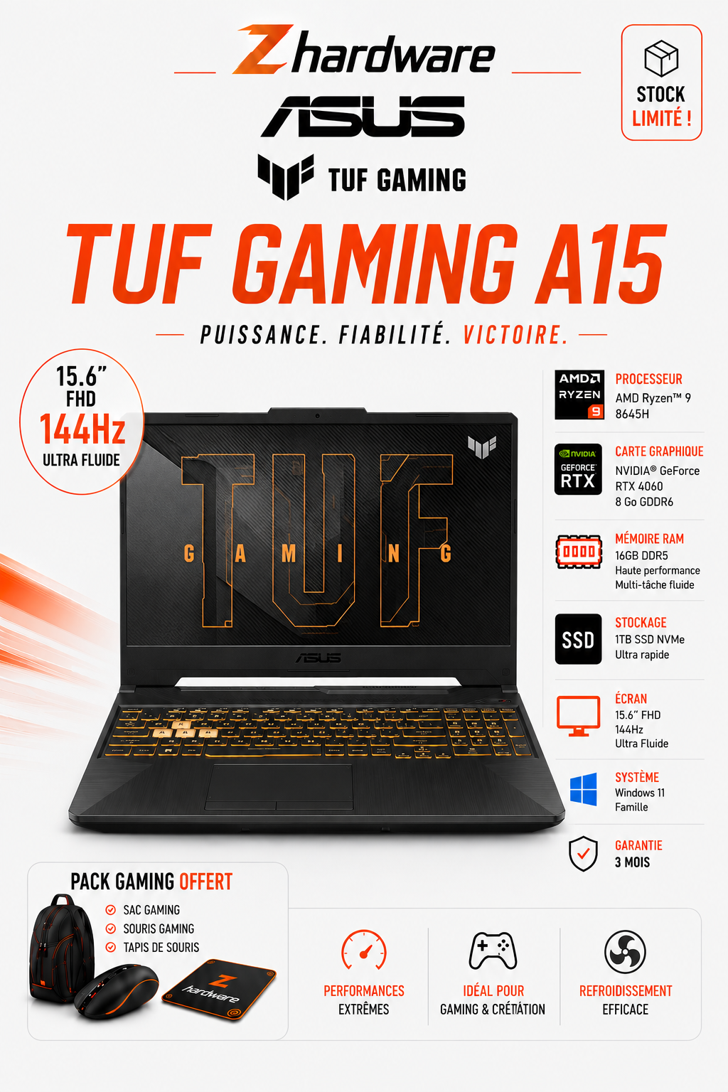 ASUS TUF Gaming A15 Ryzen 9 8645H RTX 4060 8 Go RAM 16 Go DDR5 SSD 1 TB