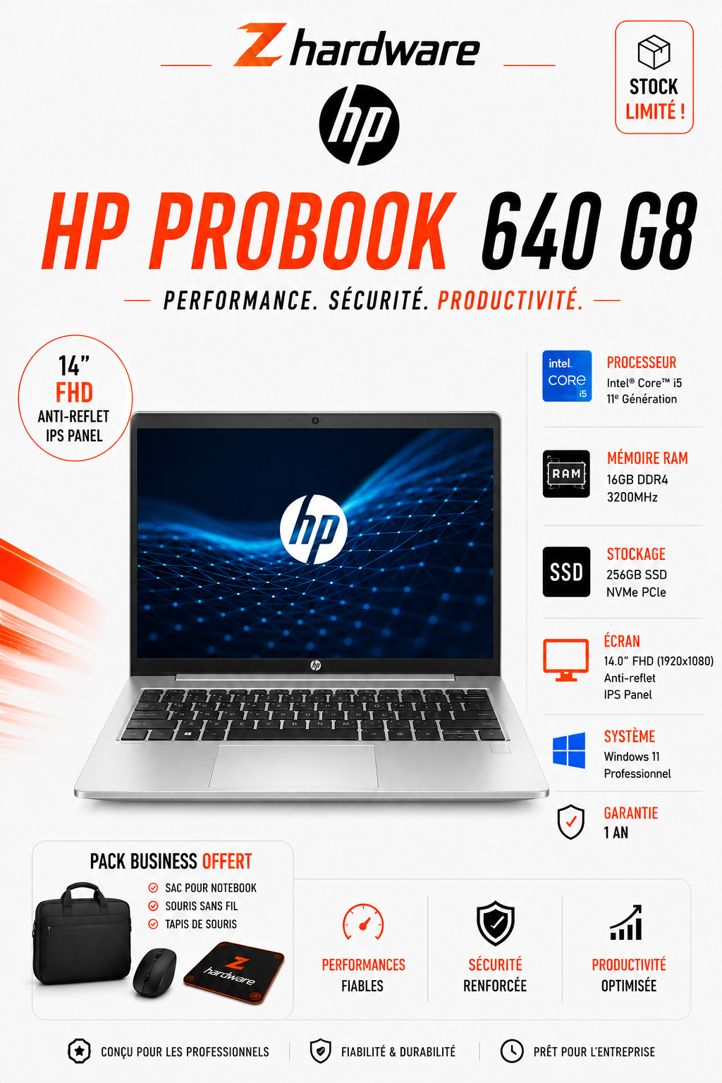HP ProBook 640 G8 – Intel Core i5 11ᵉ Génération, 16 Go RAM, 256 Go SSD NVMe, Écran 14” FHD