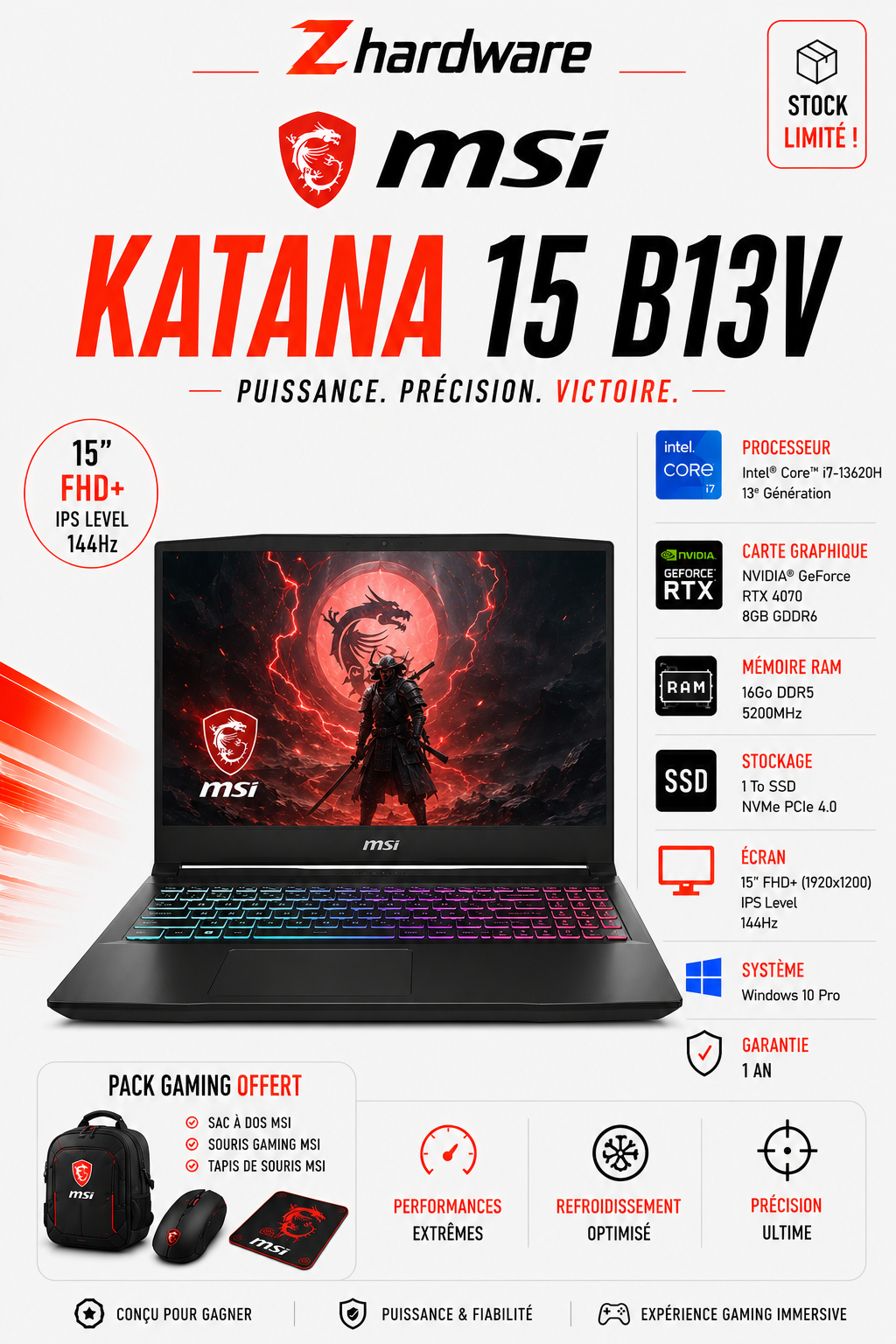 MSI Katana 15 B13V i7-13620H / RTX 4070 / 16 Go DDR5 / 1 TB SSD / 15” FHD+ 144 Hz / Windows 10 pro