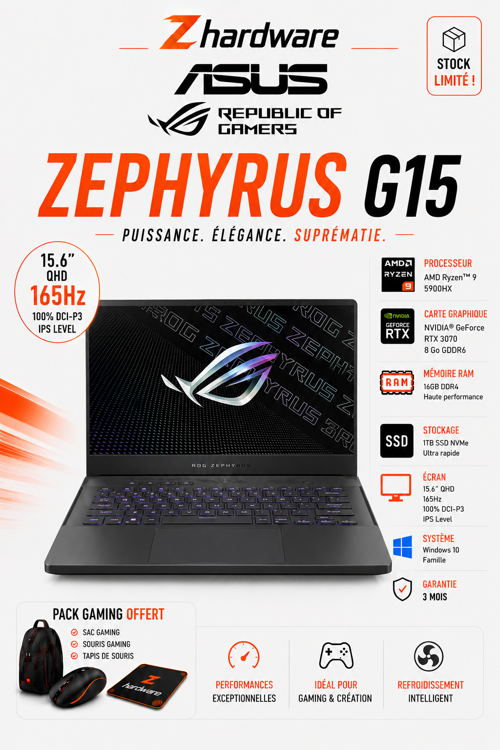 ASUS Asus Zephyrus G15 RYZEN 9 5900HX RTX 3070 8 Go RAM 16 Go SSD 1 TB