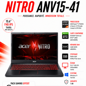 ACER Nitro ANV15-41 Ryzen 5 7535HS 16GB DDR5 512GoSSD NVIDIA GeForce RTX 4050 15.6 » FHD IPS 144Hz