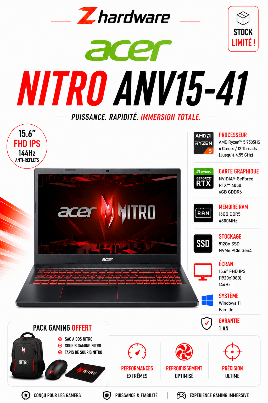 ACER Nitro ANV15-41 Ryzen 5 7535HS 16GB DDR5 512GoSSD NVIDIA GeForce RTX 4050 15.6 » FHD IPS 144Hz