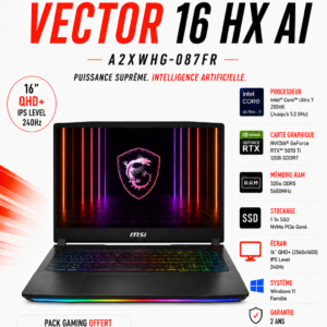 MSI Vector 16 HX AI A2XWHG-087FR Ultra 7-255HX/32 Go DDR5/1TB SSD/RTX 5070 Ti/16"