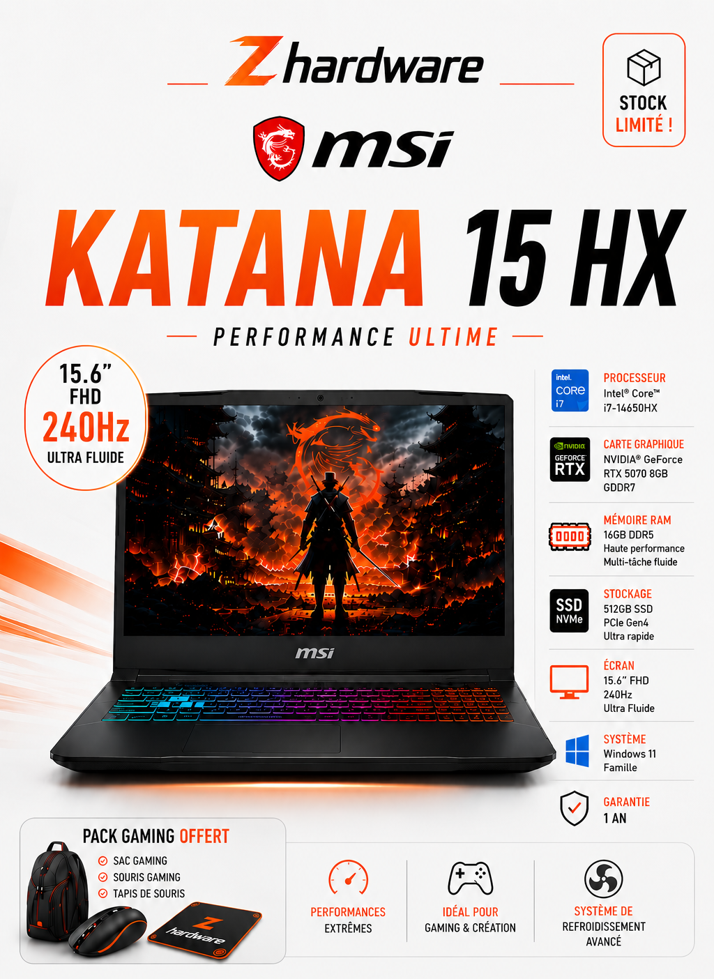 MSI Katana 15 HX B14WGK-006FR i7 14650HX/16Go/512 Go SSD/RTX5070 8 GB/15.6" 144Hz/Win11 famille