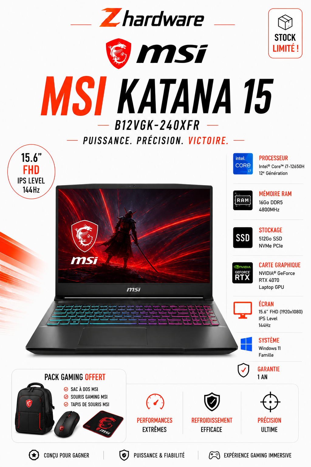 MSI Katana 15 B12VGK-240XFR Intel Core i7-12650H 16 Go 512 Go / SSD RTX 4070 Laptop GPU