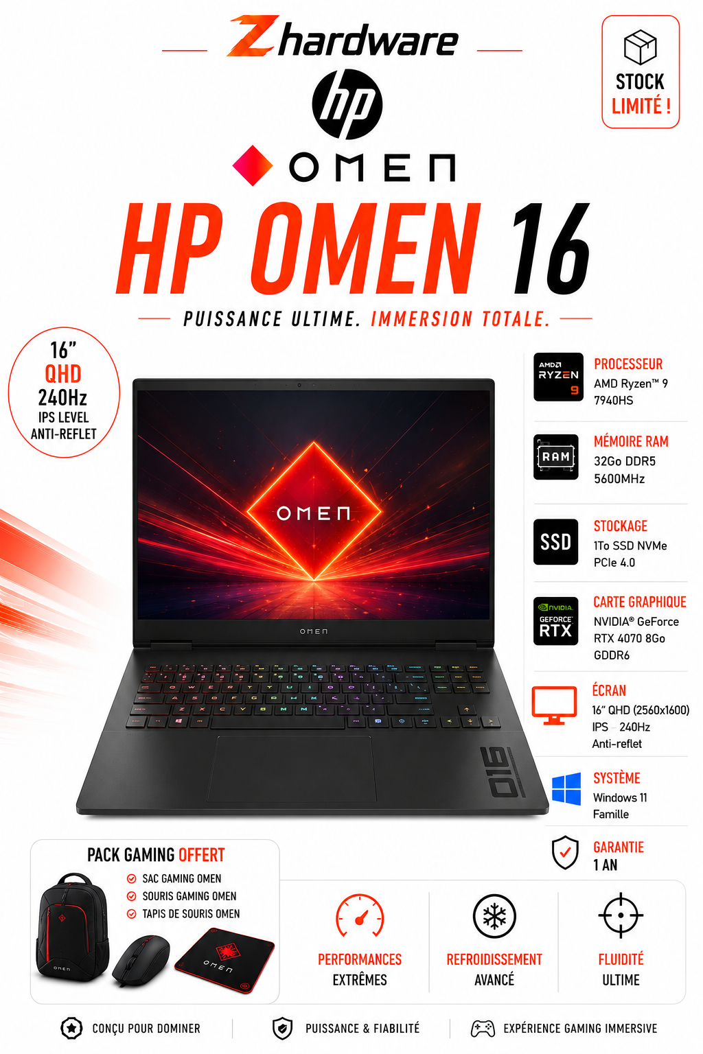 HP Omen 16 – Ryzen 9 7940HS | 32 Go DDR5 | 1 To SSD NVMe | RTX 4070 8 Go | 16″ QHD IPS 240 Hz