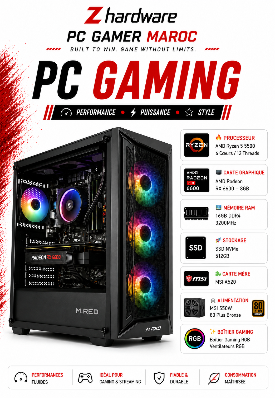 PC Gamer Ryzen 5 5500 / RX 6600 8GB / 16GB DDR4 / 512GB