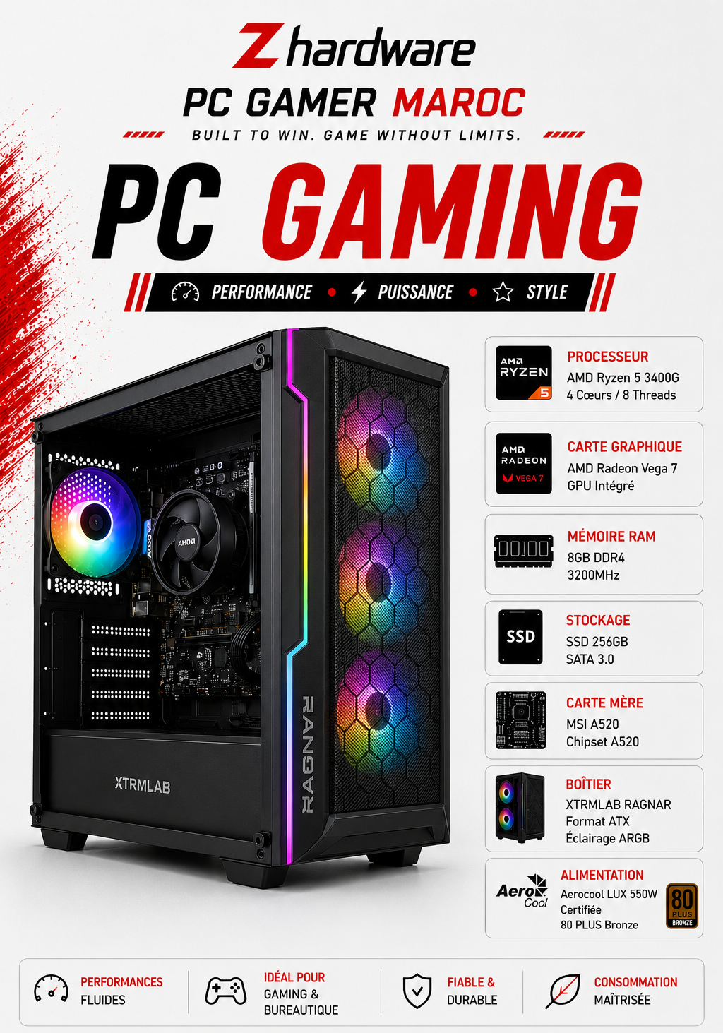 PC Gamer AMD Ryzen 5 3400G / Vega 7 / 8GB DDR4 / SSD 256GB