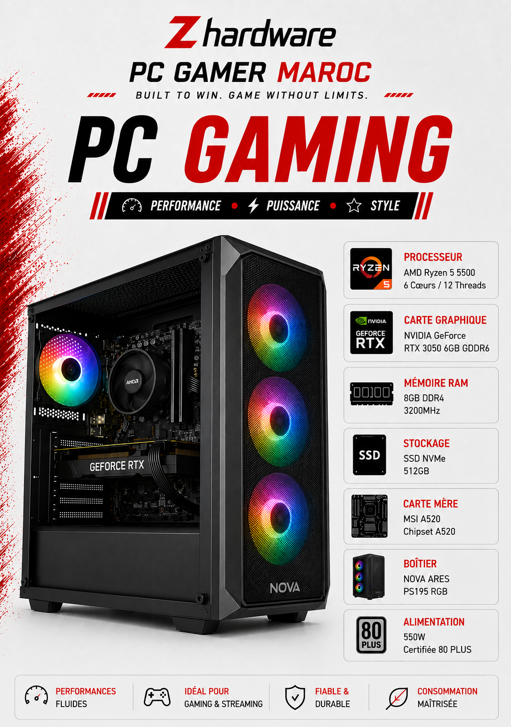 PC Gamer AMD Ryzen 5 5500 / RTX 3050 6GB / 8GB DDR4 / 512GB SSD