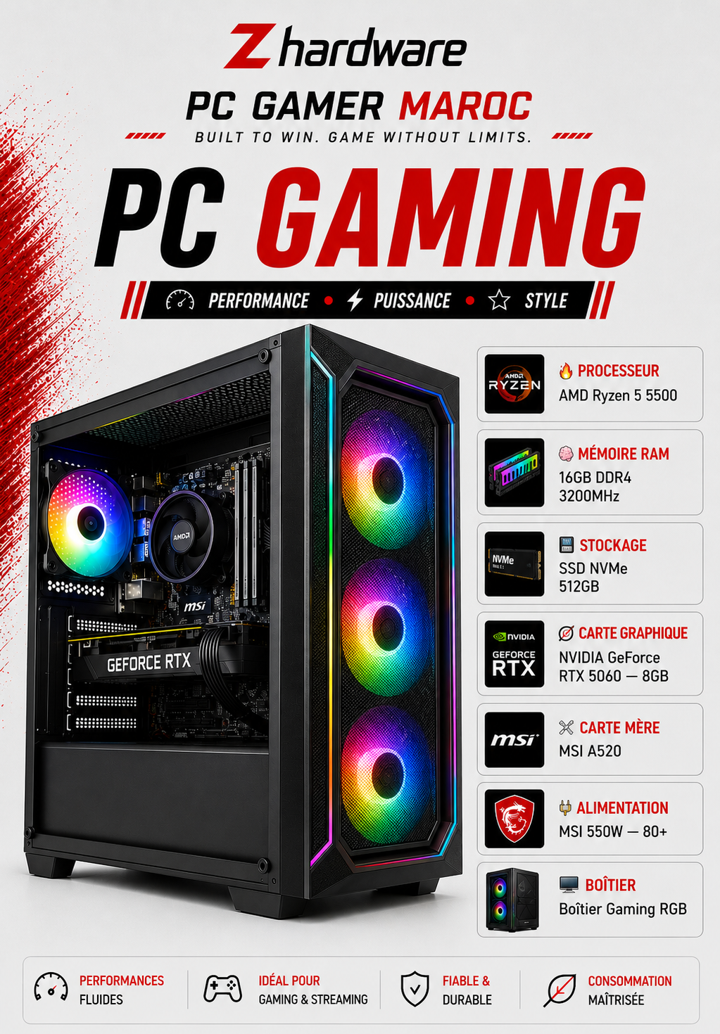 PC Gamer Ryzen 5 5500 / RTX 5060 8GB / 512GB SSD