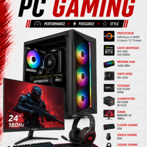 PC Gamer Ryzen 5 3600X / RTX 3050 6GB / 16GB DDR4 / 512GB SSD / MINIFIRE 24” — 180Hz