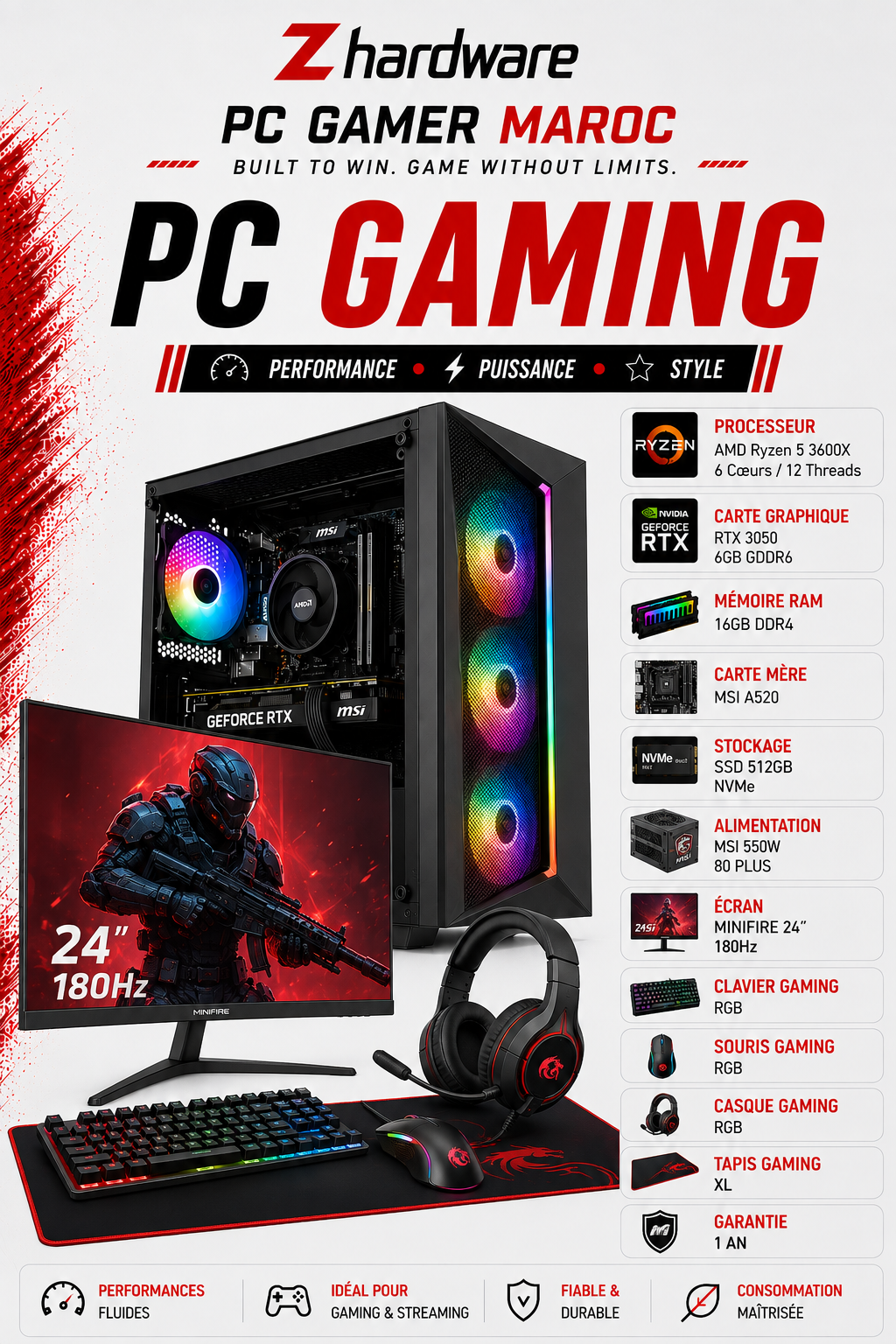 PC Gamer Ryzen 5 3600X / RTX 3050 6GB / 16GB DDR4 / 512GB SSD / MINIFIRE 24” — 180Hz