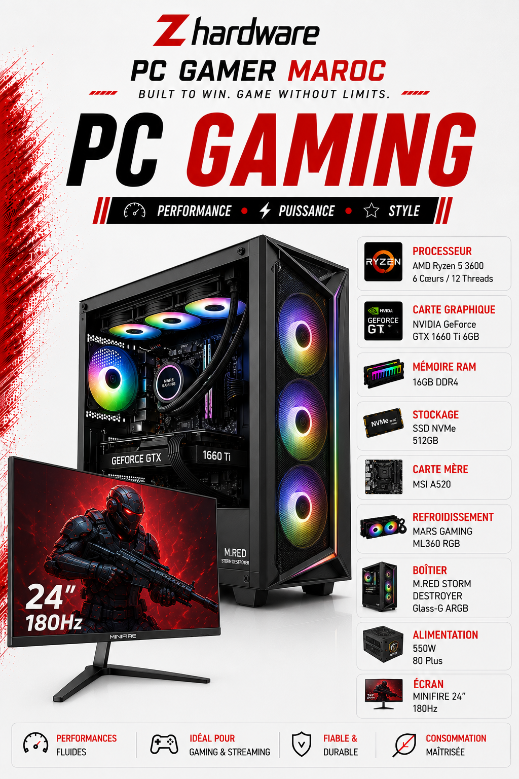 Pc Gamer Ryzen 5 3600 / GTX 1660 Ti 6GB / 16GB DDR4 / 512GB SSD / MINIFIRE 24” — 180Hz