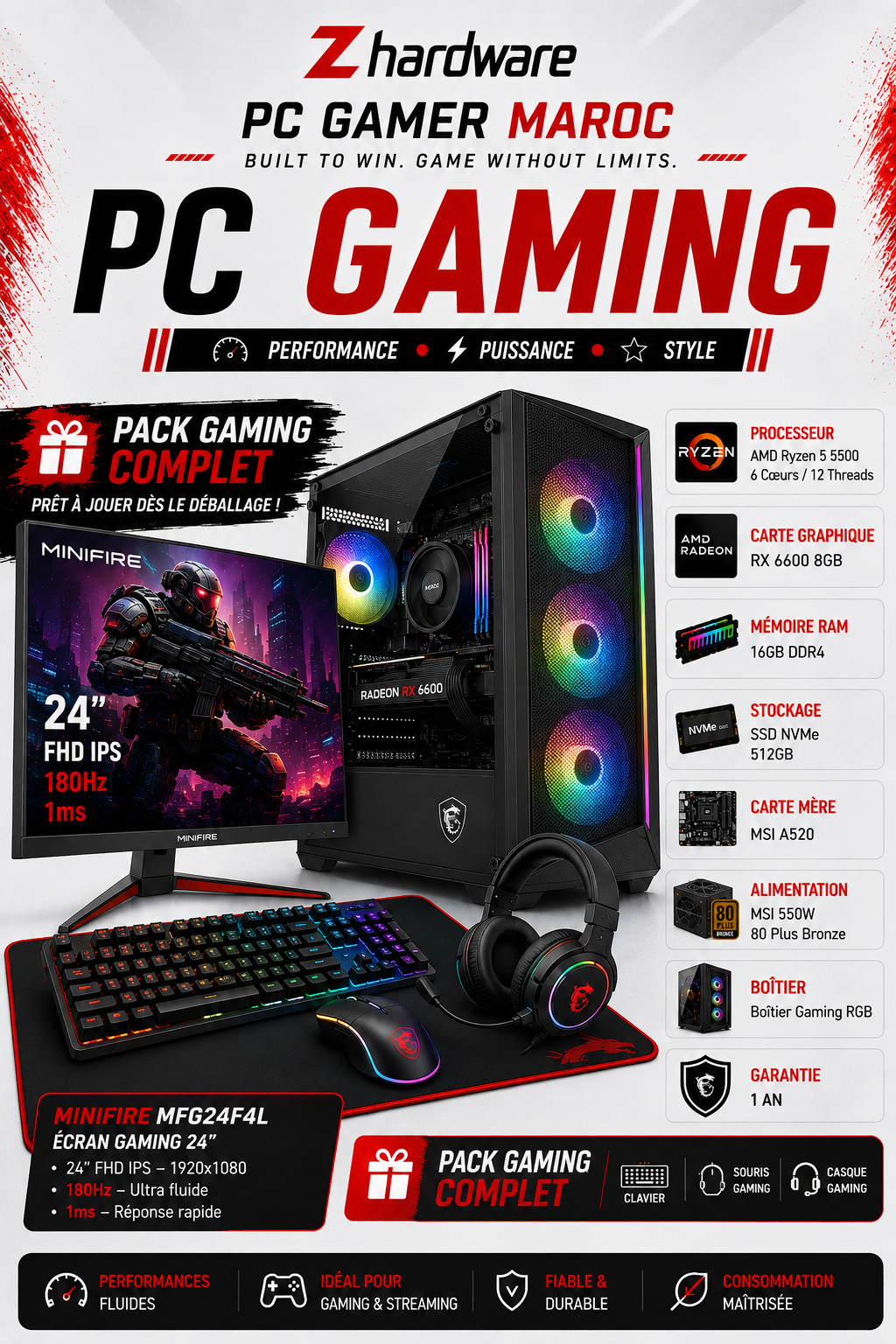 PC Gamer Ryzen 5 5500 / RX 6600 8GB / 16GB DDR4 / 512GB SSD / MINIFIRE 24 180Hz