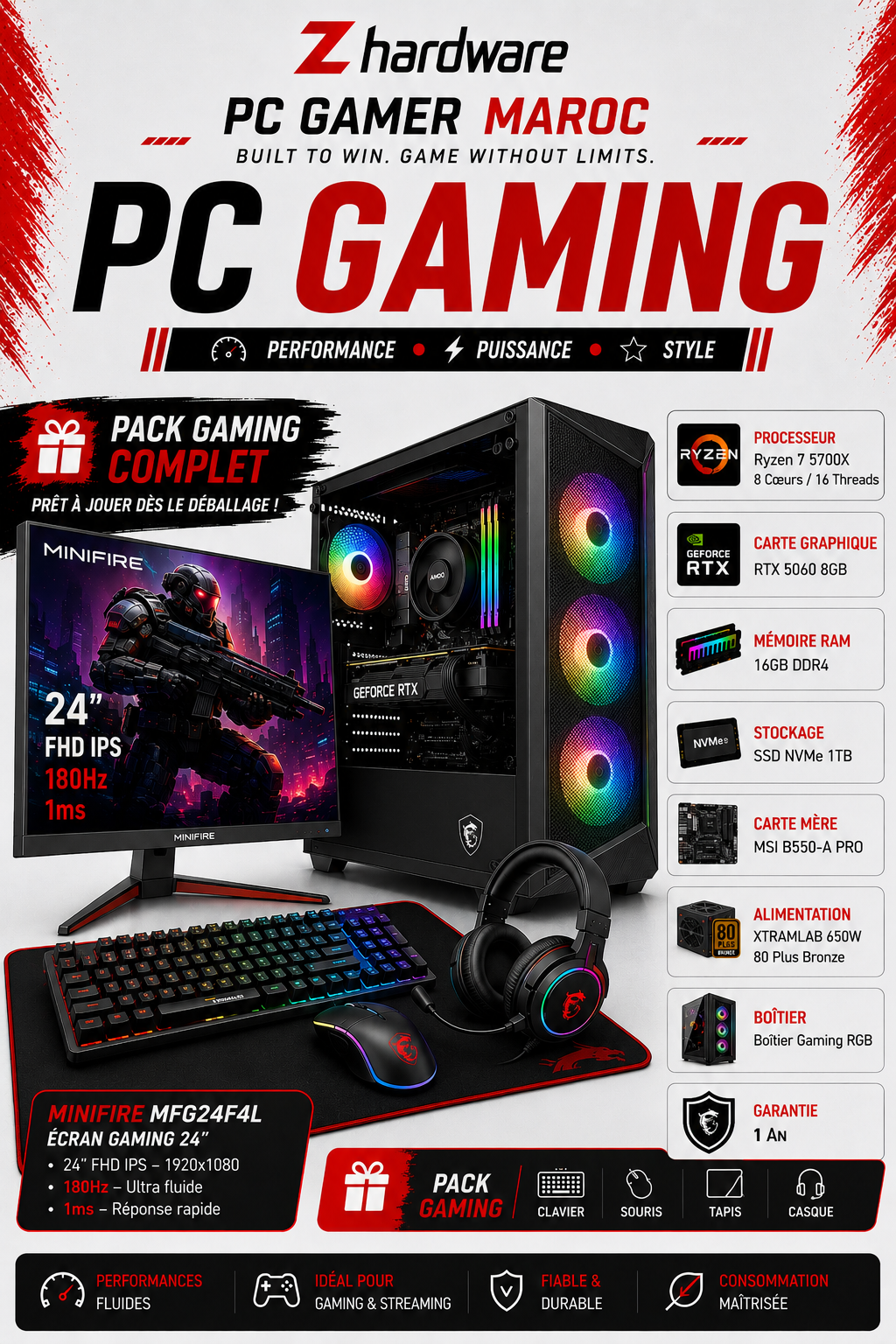 PC Gamer Ryzen 7 5700X / RTX 5060 8GB / 16GB DDR4 /1TB SSD / ÉCRAN GAMING MINIFIRE MFG24F4L — 24”