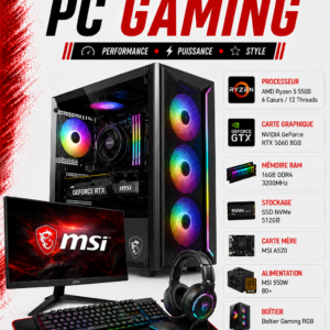 PC Gamer Ryzen 5 5500 / RTX 5060 8GB / 16GB DDR4 / 512GB SSD / Écran 24″ 165Hz