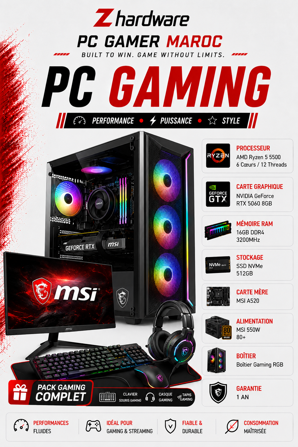 PC Gamer Ryzen 5 5500 / RTX 5060 8GB / 16GB DDR4 / 512GB SSD / Écran 24″ 165Hz