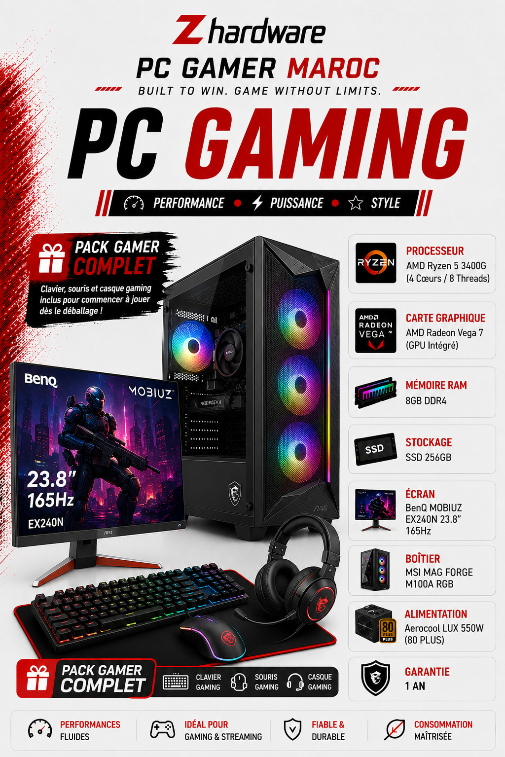 PC Gamer AMD Ryzen 5 3400G / 8GB DDR4 / SSD 256GB / Ecran BenQ MOBIUZ 23.8" 165Hz