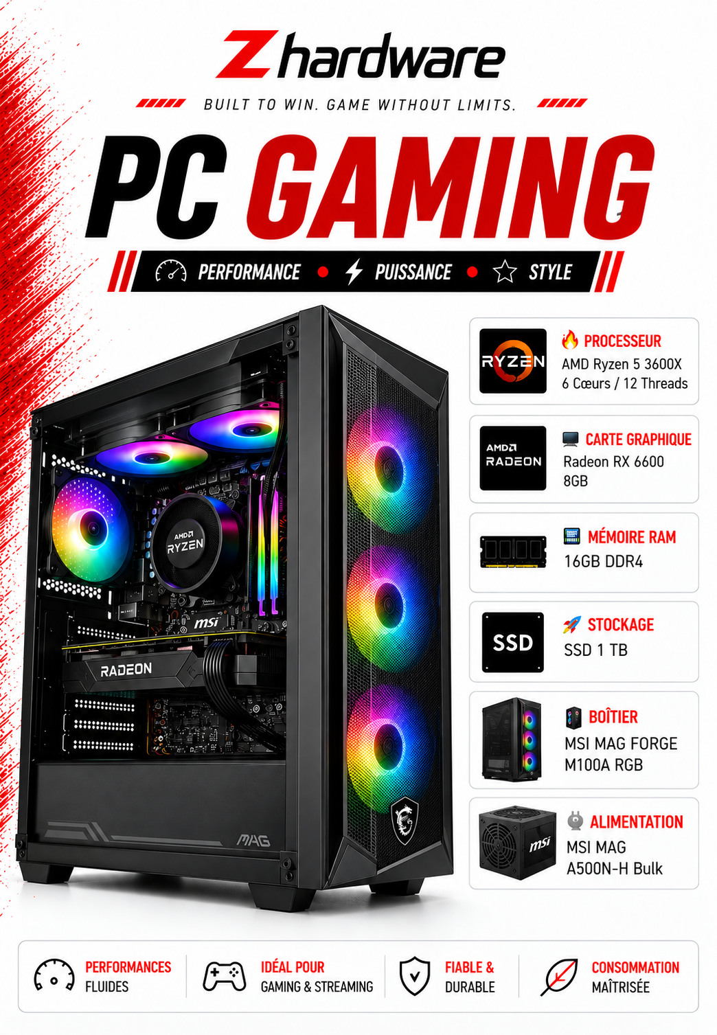 PC Gamer Ryzen 5 3600X / RX 6600 8GB / 16GB DDR4 / SSD 1 TB