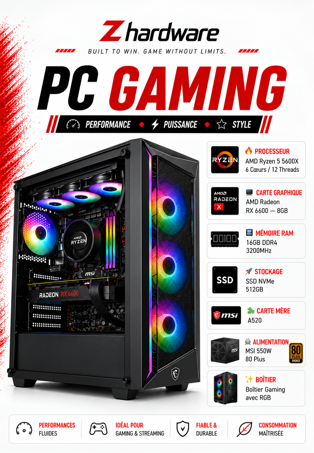 PC Gaming Ryzen 5 5600X / Radeon RX 6600X — 8GB / 16GB DDR4 / 512GB SSD
