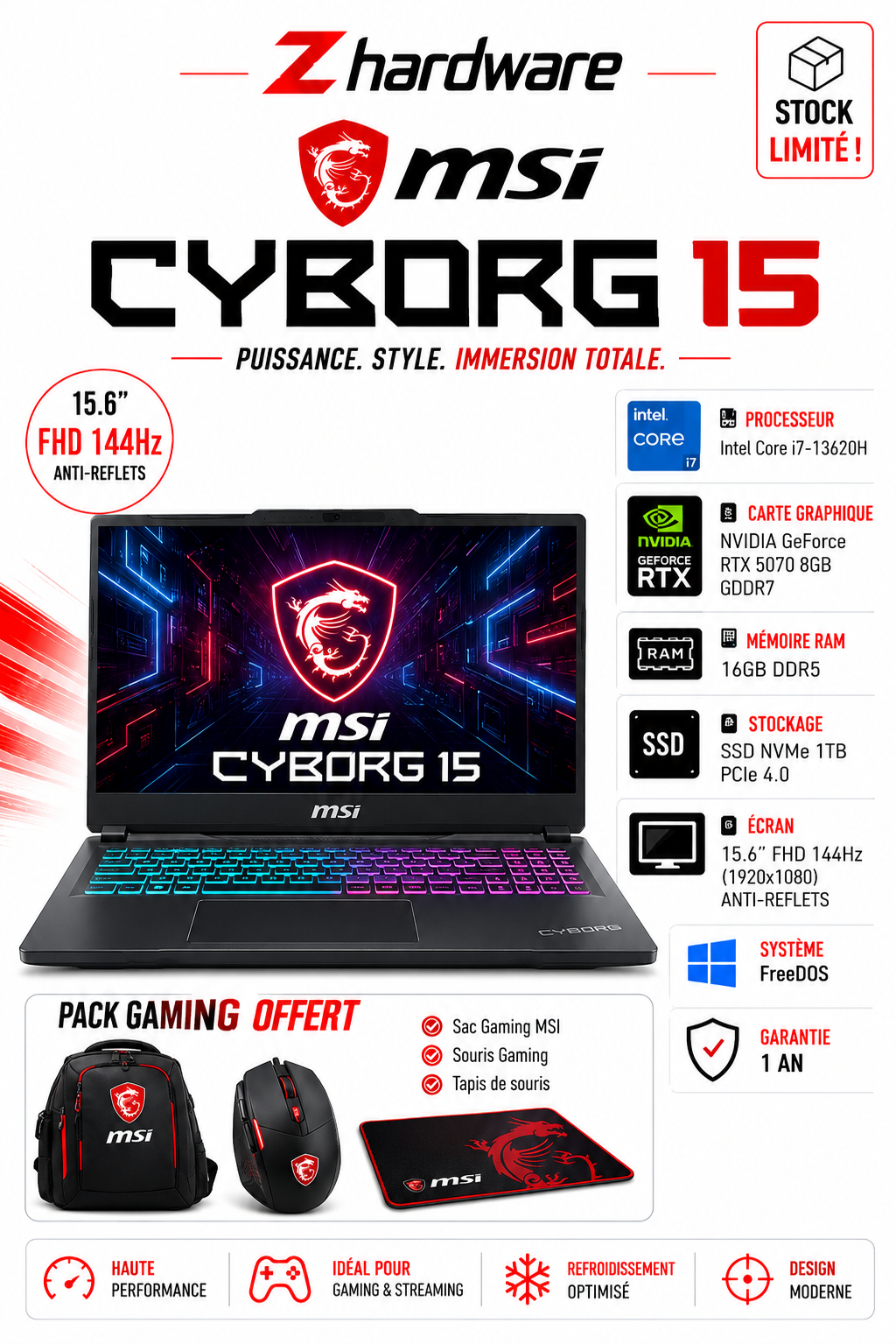 MSI CYBORG 15 Intel Core i7-13620H / RTX 5070 8GB GDDR7 / 16GB DDR5 / 1TB SSD