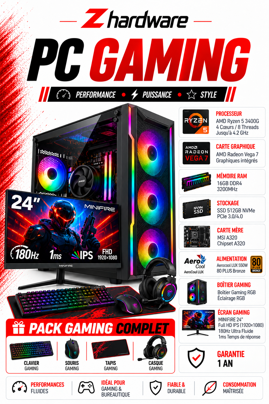 PC Gamer Ryzen 5 3400G / 16GB DDR4 / SSD 512GB / MINIFIRE 24