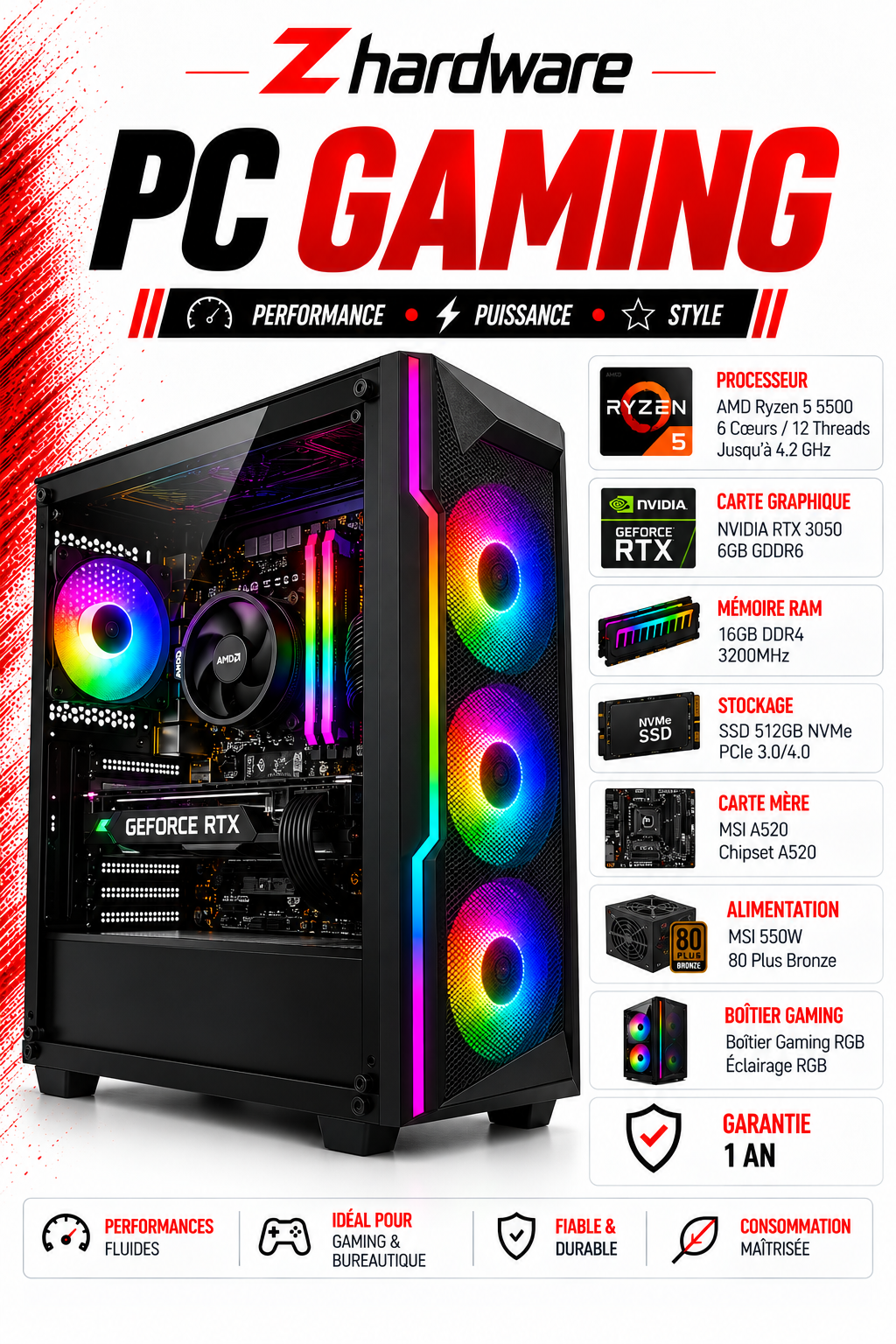 PC Gamer Ryzen 5 5500 / RTX 3050 6GB / 16GB DDR4 / 512GB SSD